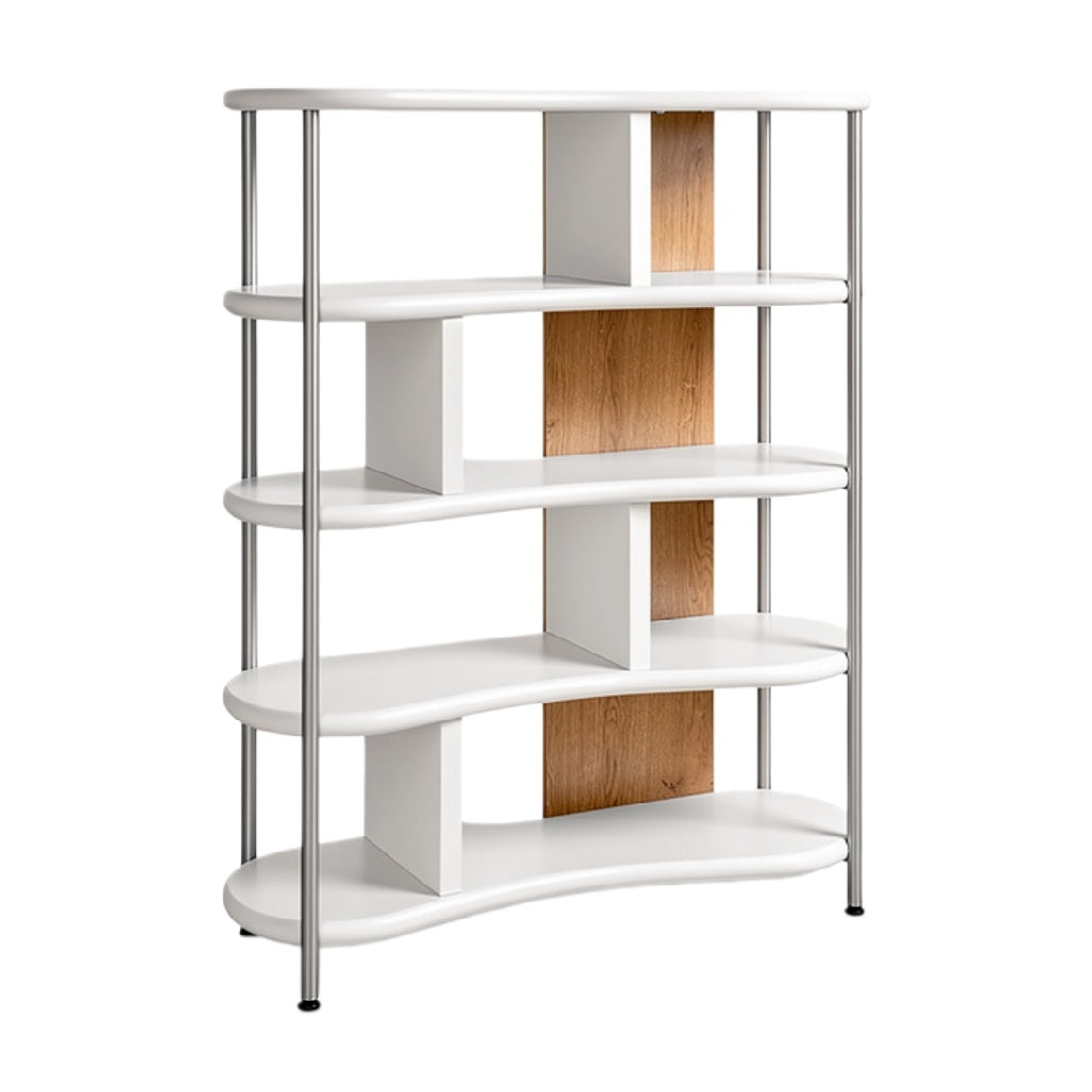 Moderne boekenplank met witte en houten afwerking, 5 niveaus en verstelbare schappen.