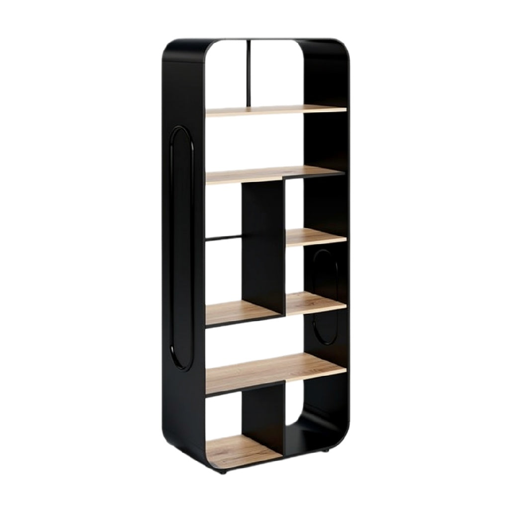 **Moderne Zwarte Boekenkast met Natuurlijke Houten Planken**
