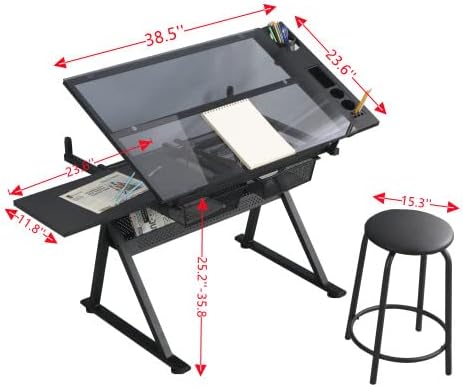Glass Drafting Table Art Desk â Adjustable Professhional Artwork Drawing Drafting Table Desk, Glass-Topped Art Table for Craft Station Studio Home Office School w/Drawers (Black)