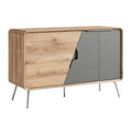 Moderne houten tv-meubel met een grijze deur en metalen poten