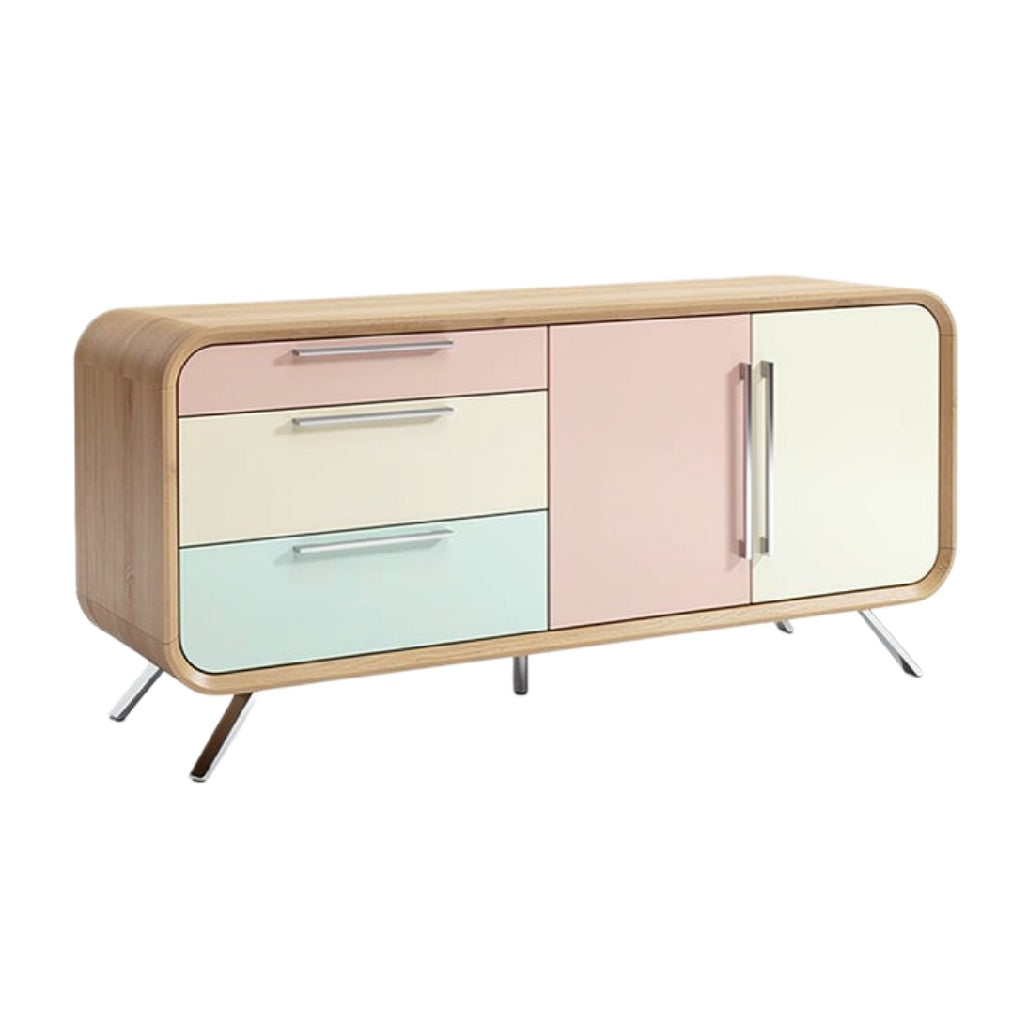 Technische Titel: "Moderne Scandinavische Dressoir met Hout en Pastelkleurige Deuren"