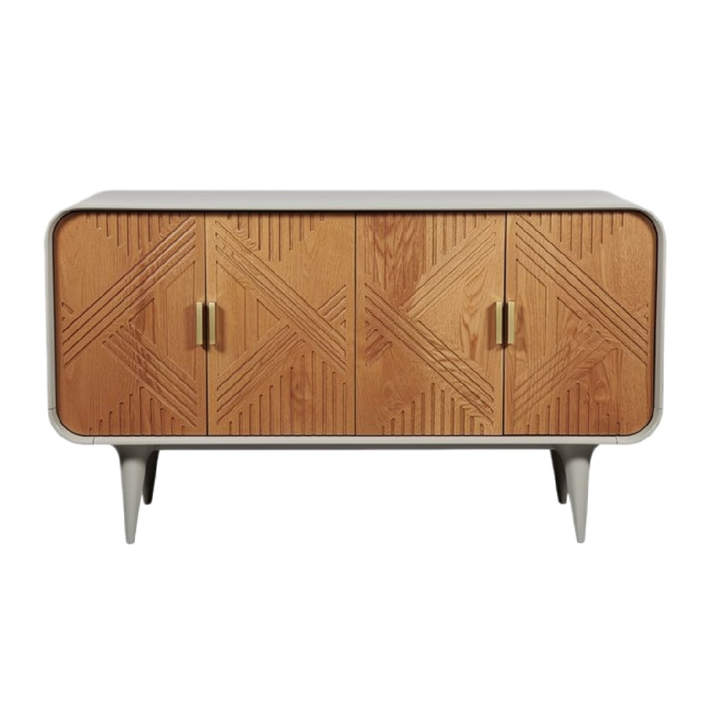 Moderne houten dressoir met geometrisch patroon en metalen handgrepen