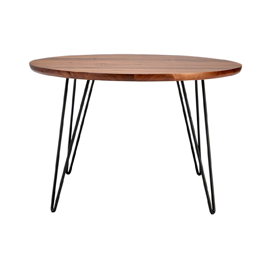 Houten ronde tafel met metalen poten