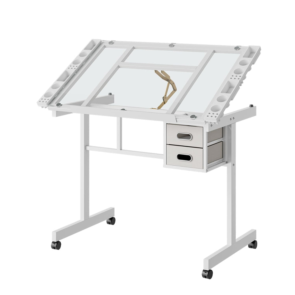 Height Adjustable Drafting Art Table for Adults, White Tempered Glass Drafting Drawing Printing Table Desk with Stool, 0-75Â° Tilting Tabletop Art Drawing Table for Drawing,Hand Crank
