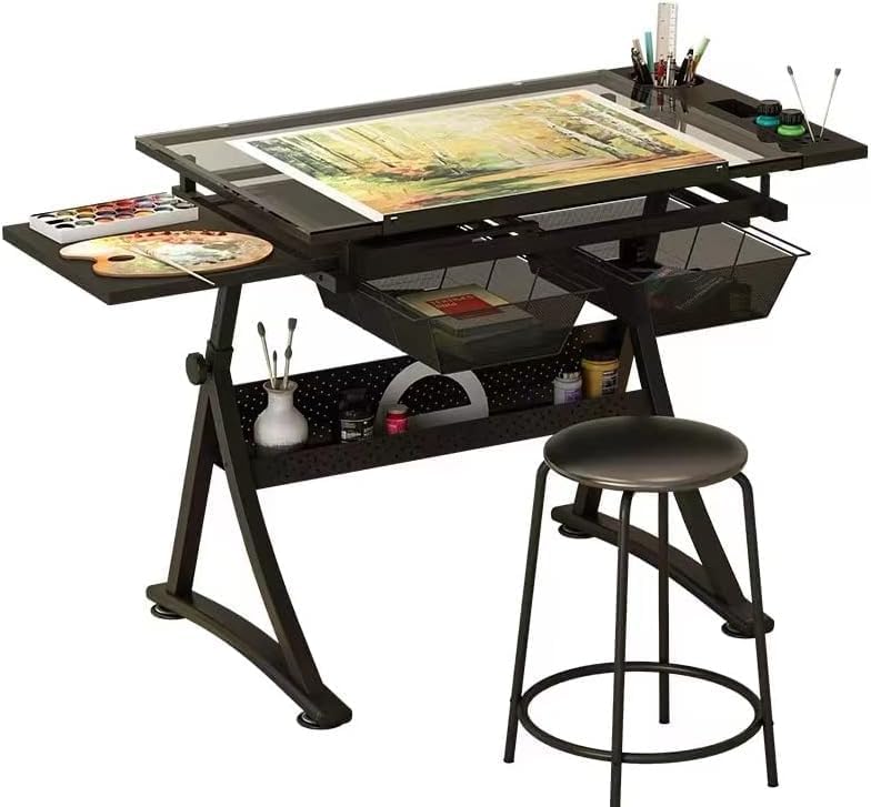 Drafting Table Desk Art Table â Glass Drawing Painting Table Craft Station Studio Adjustable Art Desk for Adults tilt able for Home Office (Black, 27.16''- 35.82'' H)