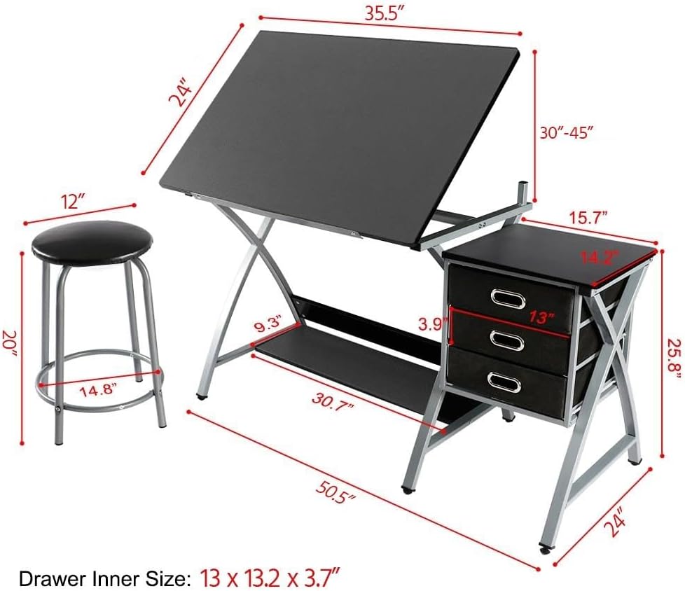 Yaheetech Drafting Table with Storage & Stool, Adjustable Art Drawing Desk