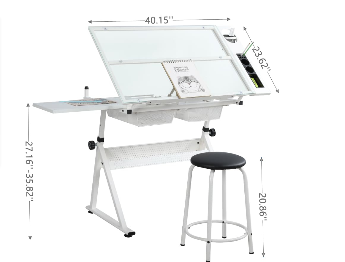 Drafting Table with Storage and Stool, Glass Art Desk for Adults Adjustable Height with 2 Metal Drawers, Craft Drawing Table Artist Desk with Extra Desktop for Reading/Writing/Studying (Black)