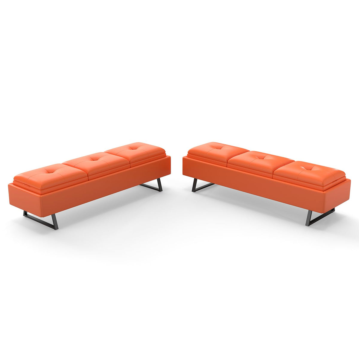 MOTION Leather Bench Waiting Room Chairs - 3 Seat Office Guest Reception Bench with Cushion, Waiting Room Bench Seating, Office Furniture Lobby Chairs for Salon, Shop, Set of 2, Orange