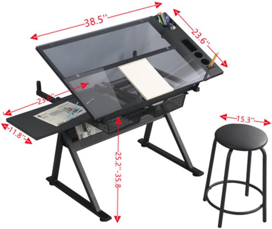 GarveeHome Drafting Table w/Stool, Height Adjustable Multifunctional Art Craft Artists Desk Tilting Glass Tabletop Diamond Paintings Work Station w/2 Storage Drawers for Home Office (Black-1)