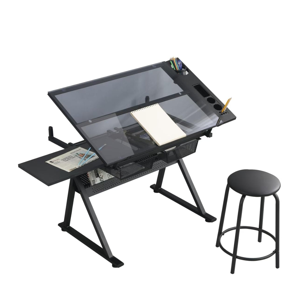 White Drafting Table with Stool Height Adjustable Art Craft Desk with Storage, Tilting Tempered Glass Tabletop, Expansion Board, Drawing Table for Home Office, Artists, Painters