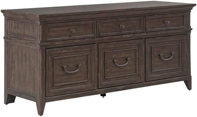 Pemberly Row 2-Piece Desk Set, Brown Finish, Writing Desk and Credenza, Full Extension Dovetail Drawers, Bead Molding, Durable Office Furniture for Home Study or Bedroom Work Area