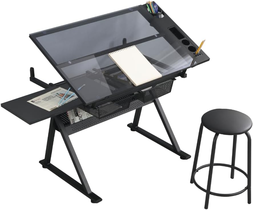 Drafting Table Desk Art Table â Glass Drawing Painting Table Craft Station Studio Adjustable Art Desk for Adults tilt able for Home Office (Black, 27.16''- 35.82'' H)