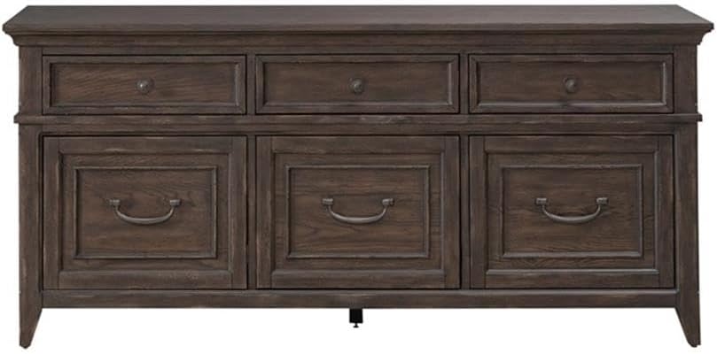Pemberly Row 2-Piece Desk Set, Brown Finish, Writing Desk and Credenza, Full Extension Dovetail Drawers, Bead Molding, Durable Office Furniture for Home Study or Bedroom Work Area
