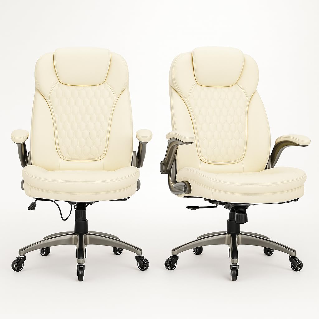 COLAMY High Back Executive Office Chairs, Ergonomic PU Leather Desk Chairs with Flip-Up Armrests, Adjustable Height, Lumbar Support, Comfortable Computer Chairs for Home Office, Set of 2