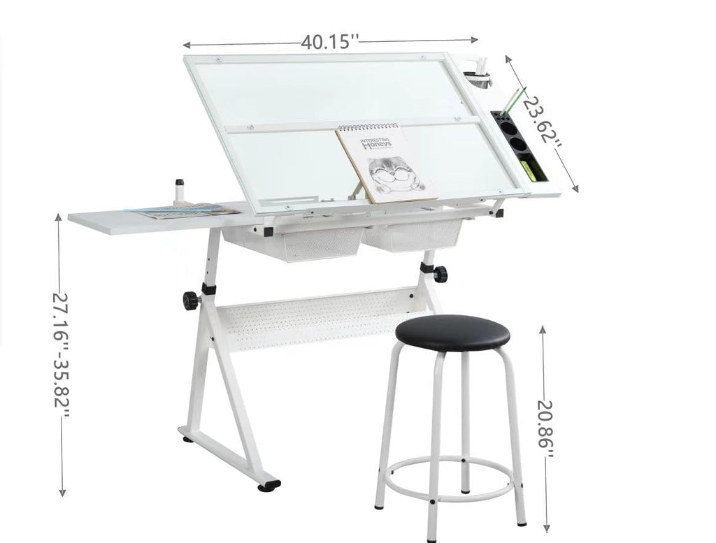 Black Drafting Table Desk w/Stool, Painting Table Art Craft Desk Crafting Table with Tilting Tempered Glass Top, 2 Storage Drawers, Height Adjustable