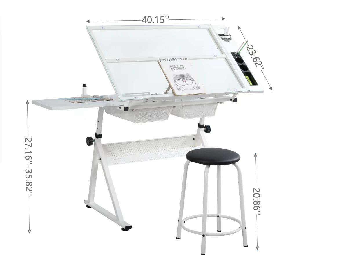 Black Drafting Table Desk w/Stool, Painting Table Art Craft Desk Crafting Table with Tilting Tempered Glass Top, 2 Storage Drawers, Height Adjustable