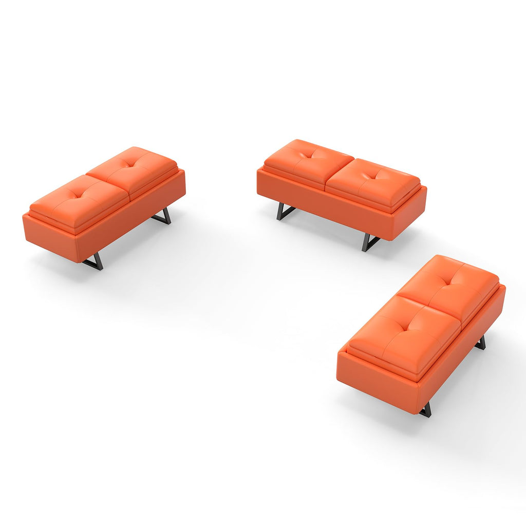 MOTION Leather Bench Waiting Room Chairs - 3 Seat Office Guest Reception Bench with Cushion, Waiting Room Bench Seating, Office Furniture Lobby Chairs for Salon, Shop, Set of 2, Orange