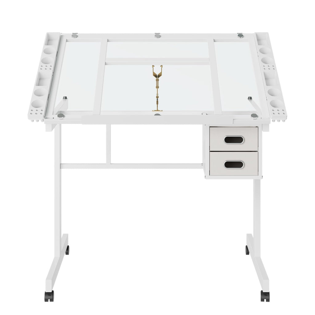 Drafting Table, Adjustable Height Drawing Table Art Table Painting Table Art Craft Desk with 0-75Â° Tilting Glass Tabletop and Storage Drawers, Black