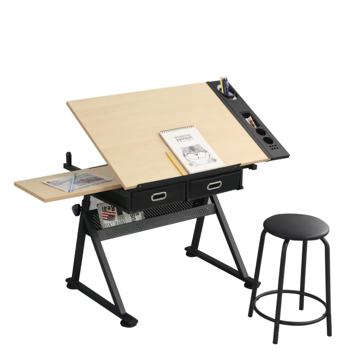Height Adjustable Drafting Table w/Stool, Painting Table Art Craft Desk Crafting Drawing Desk with Tilting Tabletop, 2 Storage Drawers for Artist Painters (Rustic Brown)