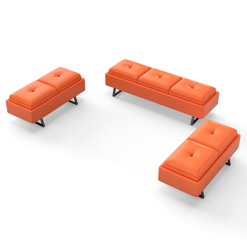 MOTION Leather Bench Waiting Room Chairs - 3 Seat Office Guest Reception Bench with Cushion, Waiting Room Bench Seating, Office Furniture Lobby Chairs for Salon, Shop, Set of 2, Orange