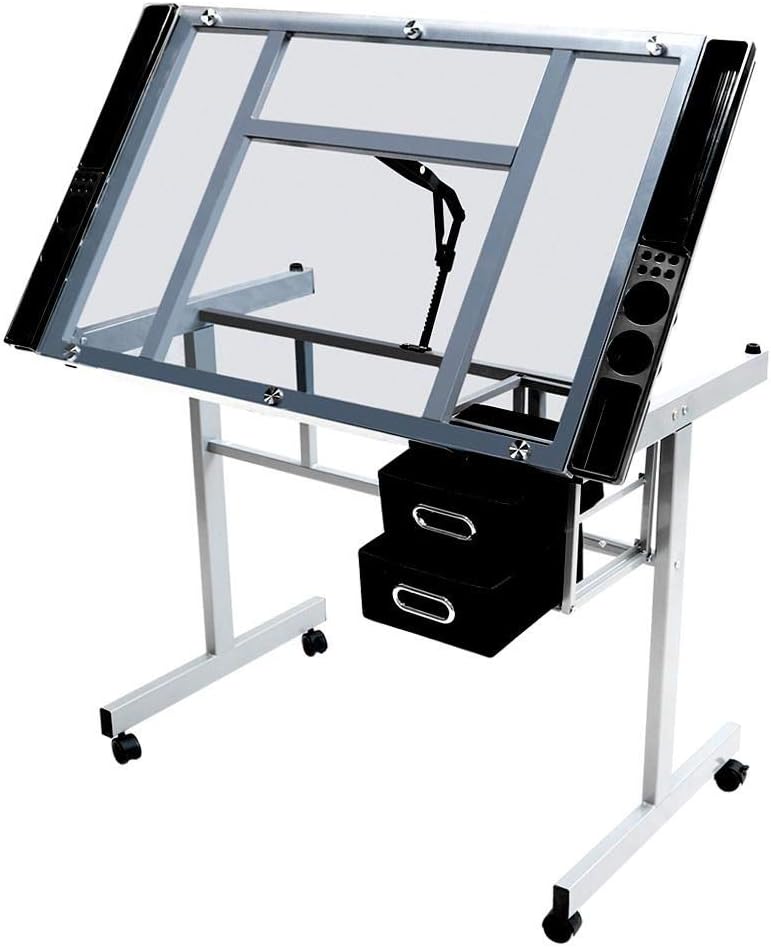 Topeakmart Glass Drafting Table Rolling Drawing Desk w/2 Slide Drawers