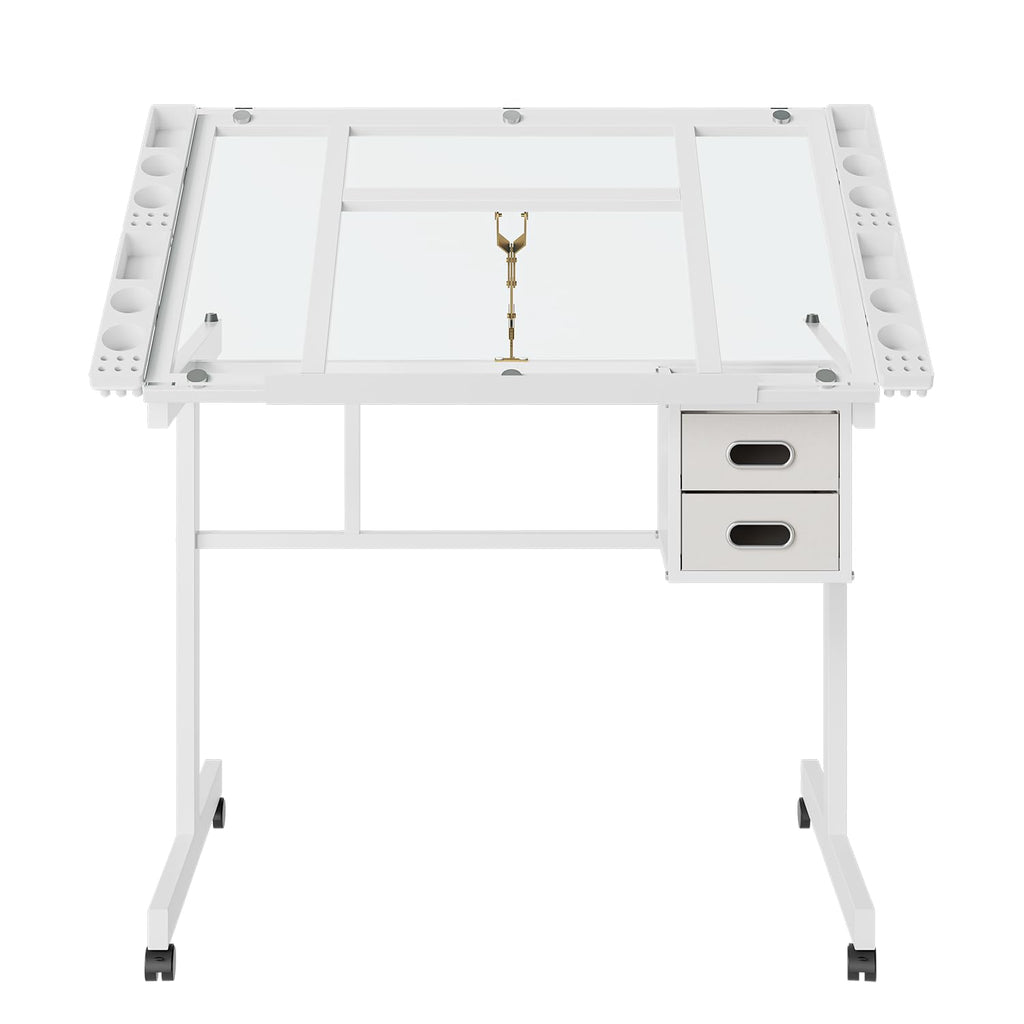 Height Adjustable Drafting Art Table for Adults, White Tempered Glass Drafting Drawing Printing Table Desk with Stool, 0-75Â° Tilting Tabletop Art Drawing Table for Drawing,Hand Crank