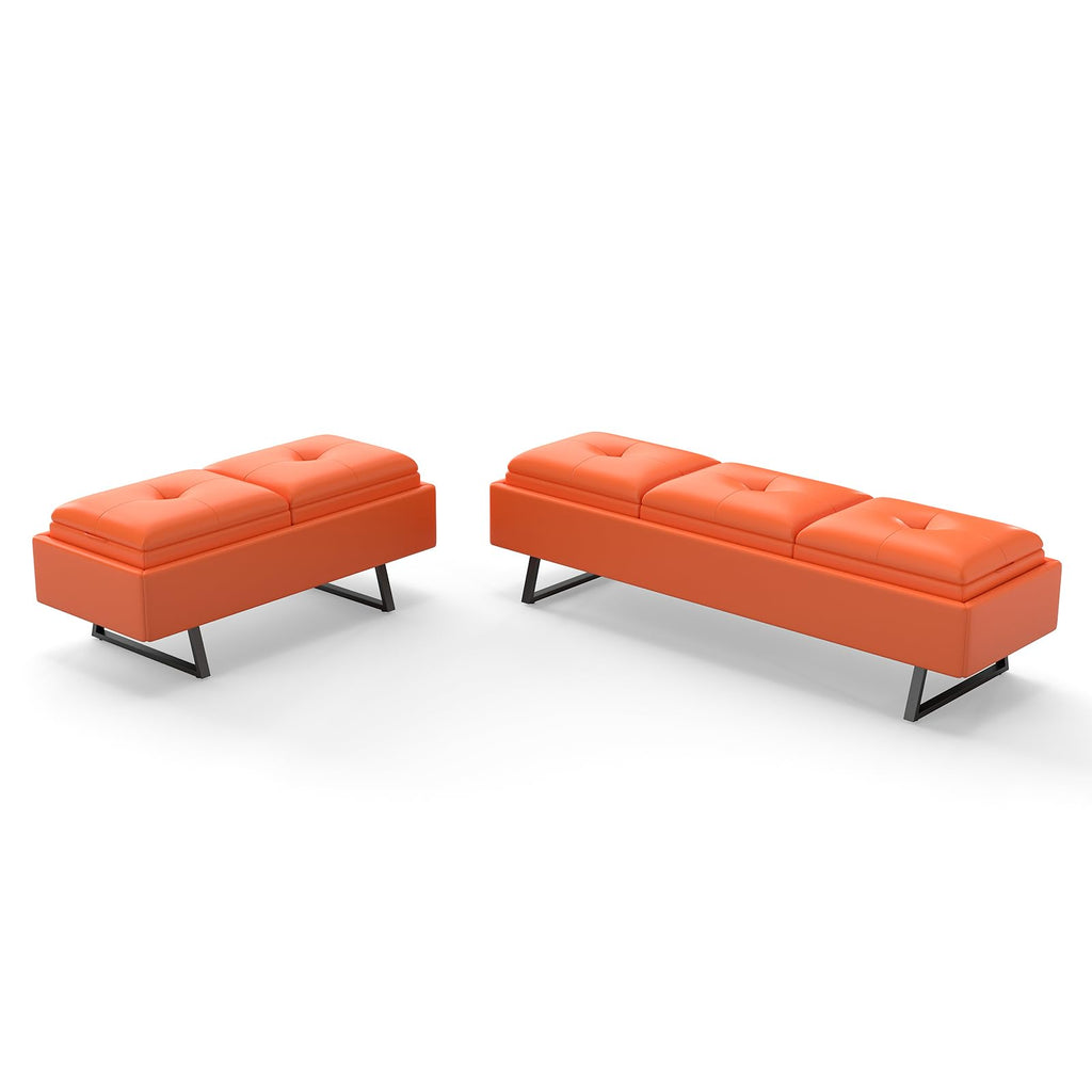 MOTION Leather Bench Waiting Room Chairs - 3 Seat Office Guest Reception Bench with Cushion, Waiting Room Bench Seating, Office Furniture Lobby Chairs for Salon, Shop, Set of 2, Orange
