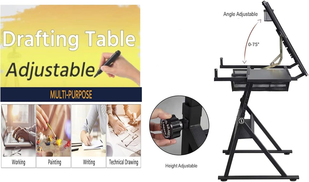 Drafting Table Desk Art Table â Glass Drawing Painting Table Craft Station Studio Adjustable Art Desk for Adults tilt able for Home Office (Black, 27.16''- 35.82'' H)