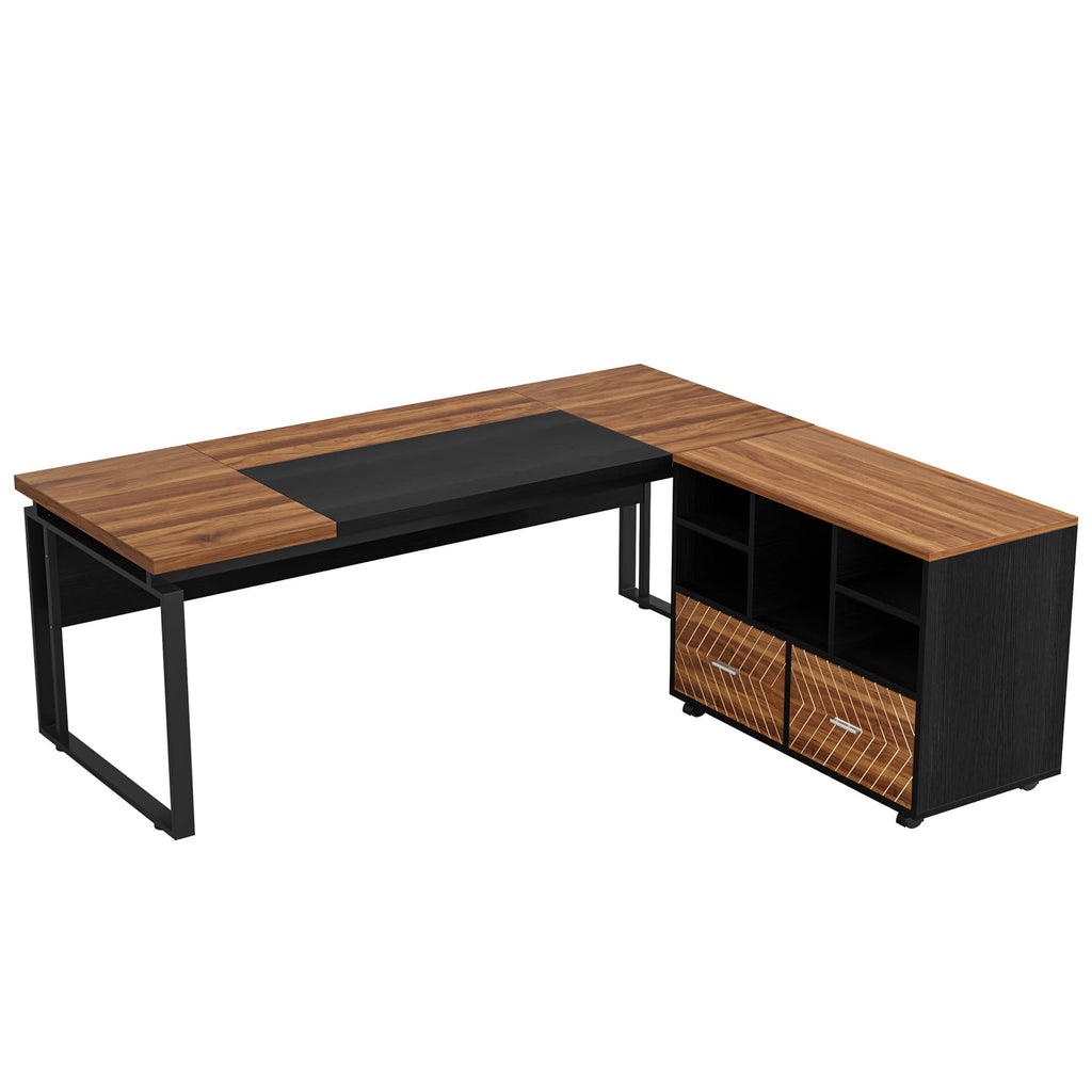 Tribesigns L-Shaped Executive Desk with Reversible File Cabinet, 63" Office Desk with Storage Drawers, Computer Desk Set (Oak Karo & White)