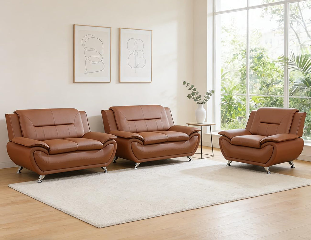 Leather Sectional Sofa Couches, Living Room Sofa and Loveseat Set, Faux Leather Couch and Loveseat Set for Office/Bedroom/Apartment, Cream