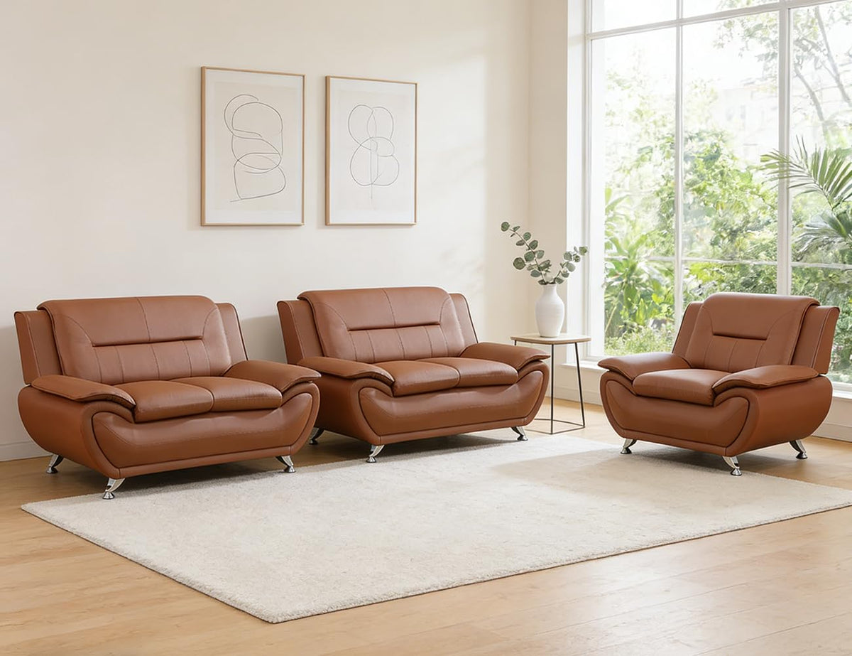 Leather Sectional Sofa Couches, Living Room Sofa and Loveseat Set, Faux Leather Couch and Loveseat Set for Office/Bedroom/Apartment, Cream