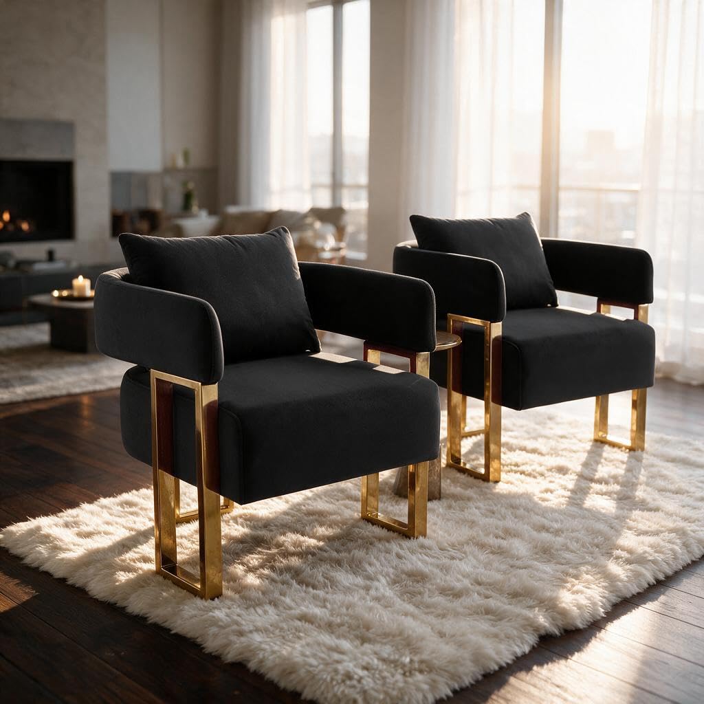 YISHENG Modern Barrel Accent Chairs Set of 2, Living Room Side Chairs with Golden Metal Legs Soft Upholstered Reading Armchairs no Wheels for Vanity/Reception Room//Bedroom/Lounge/Office,Black Teddy