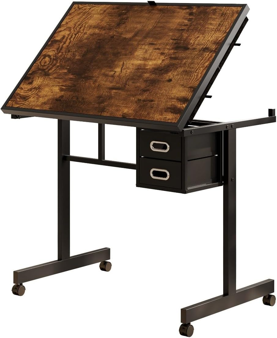 Adjustable Puzzle Table with Cover and 4 Storage Trays,1000 Pieces Jigsaw Puzzle Board with 2 Drawers and Wheels, Tilting Drafting Desk for Home Office, Art Projects, Crafting