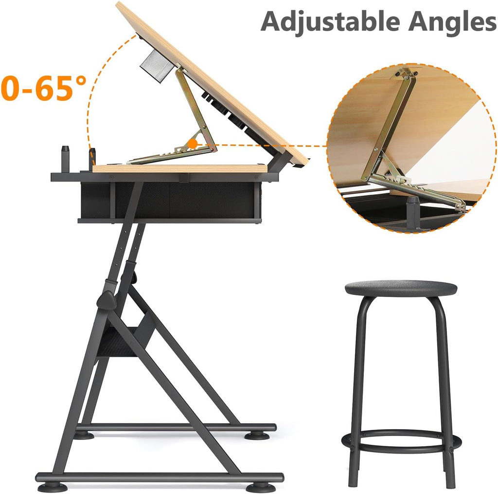 OS MOTOR Adjustable Height Drafting Table with Wood Top, Art Craft Desk with Slide-Out Drawers, Storage, for Drawing, Writing, Painting, and Creative Tasks, Ideal for Home Office, Natural