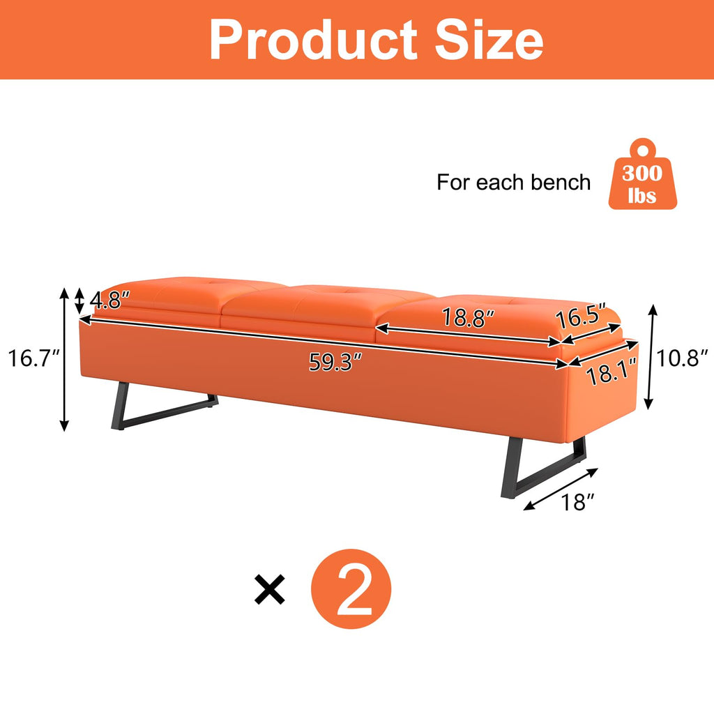 MOTION Leather Bench Waiting Room Chairs - 3 Seat Office Guest Reception Bench with Cushion, Waiting Room Bench Seating, Office Furniture Lobby Chairs for Salon, Shop, Set of 2, Orange