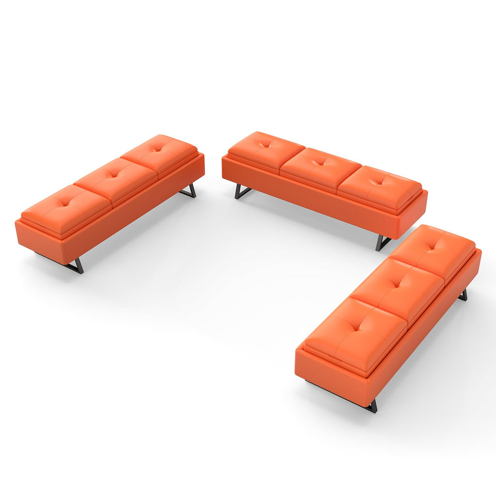 MOTION Leather Bench Waiting Room Chairs - 3 Seat Office Guest Reception Bench with Cushion, Waiting Room Bench Seating, Office Furniture Lobby Chairs for Salon, Shop, Set of 2, Orange