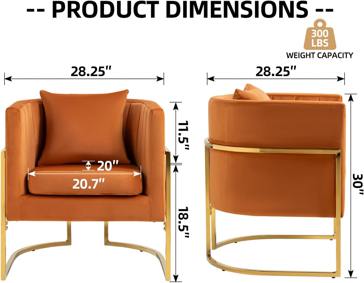Velvet Accent Barrel Chairs Set of 2, Modern Arm Club Chair Set with Pillow for Living Room/Bedroom/Guest Reception, Channel Tufted, Gold Finish Base, Orange