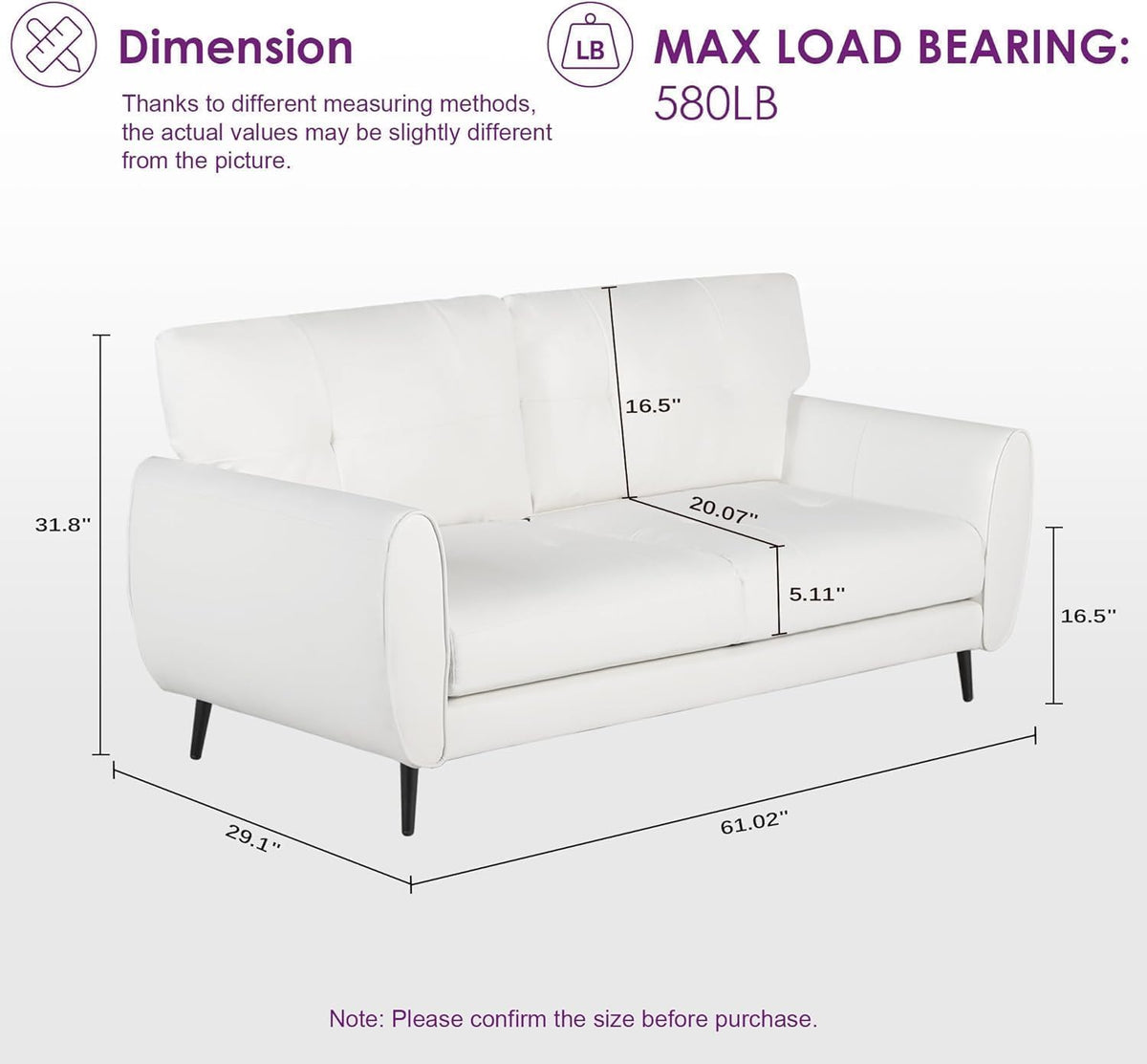 TYBOATLE 2 Piece Furniture Sets, Small Loveseat for Living Room, White Faux Leather Couch Mid Century Modern Tufted Mini Sofa Comfy Office 2 Seat Love Seat for Small Spaces Bedroom