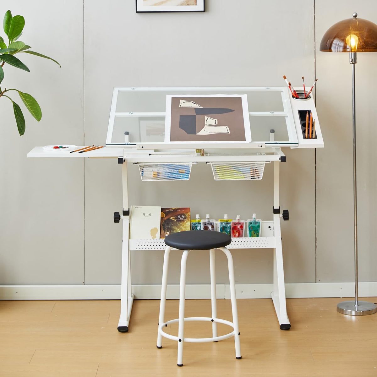 Drafting Table, Height Adjustable Art Tabe with Stool, Black