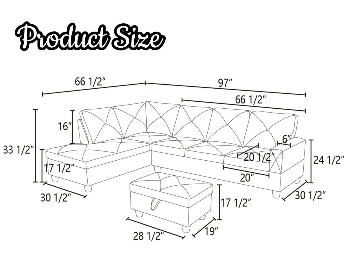 97.5" L-Shaped Modular Sectional Sofa with Movable Chaise & Storage Ottoman, 3 Piece Convertible Leather Couch, 4 Seat Gloss Black Living Room Furniture Set for Apartment Home Office