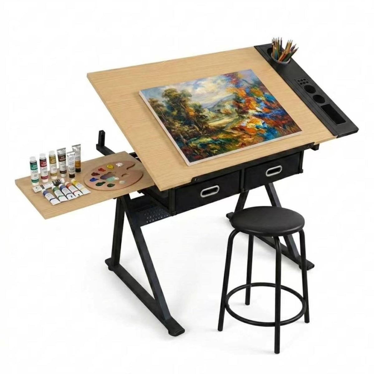 Adjustable Drafting Table, Tiltable Art Drawing Desk with 2 Storage Drawers & Stool, Multi-Functional Art Workstation for Artist Painting Craft Reading Writing (Black-B)