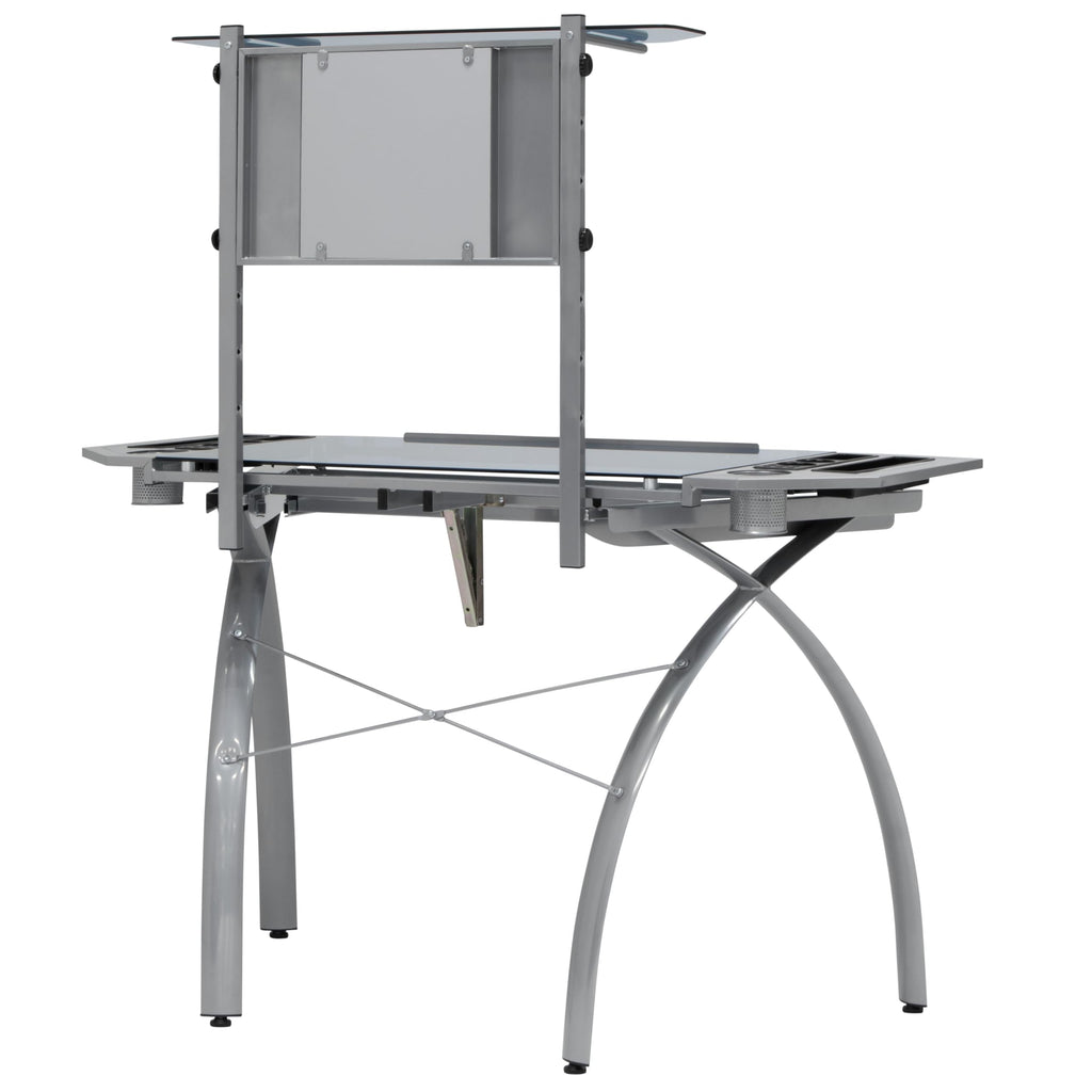 SD STUDIO DESIGNS Futura LS WorkCenter with Tilt Top Adjustable Drafting Table Craft Table Drawing Desk Hobby Table Writing Desk Studio Desk, Silver / Blue Glass