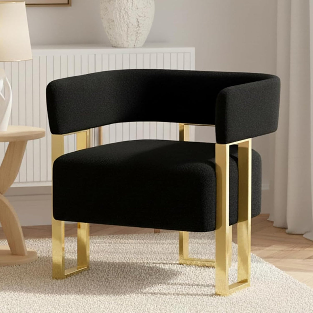 Mid Century Modern Accent Chair Set of 2, Barrel, White Boucle, Gold Leg