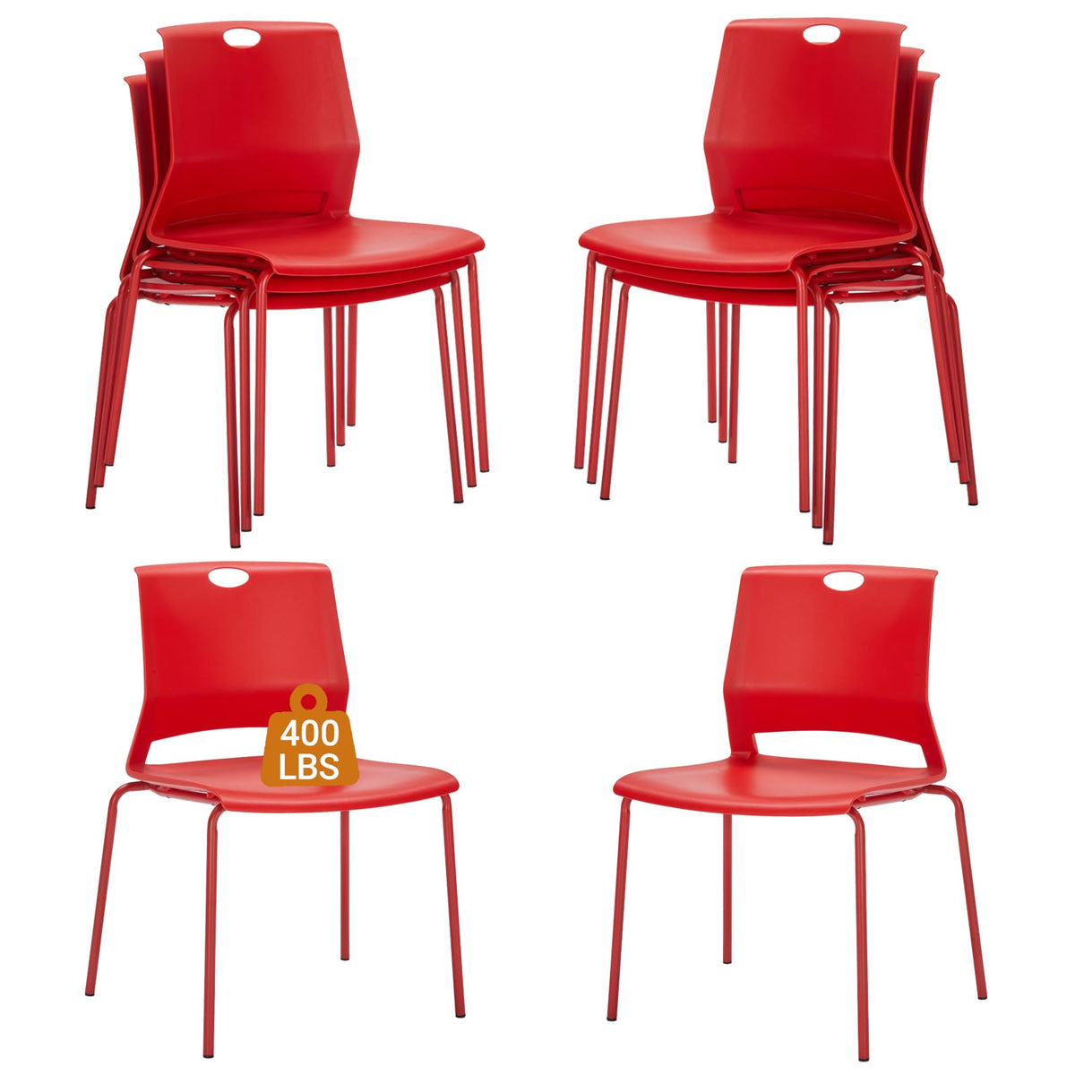 Sidanli Stackable Office Chairs, Red Guest Chairs with Comfortable Streamline Seat, Stacking Chairs No Wheels for Conference Room, Set of 4