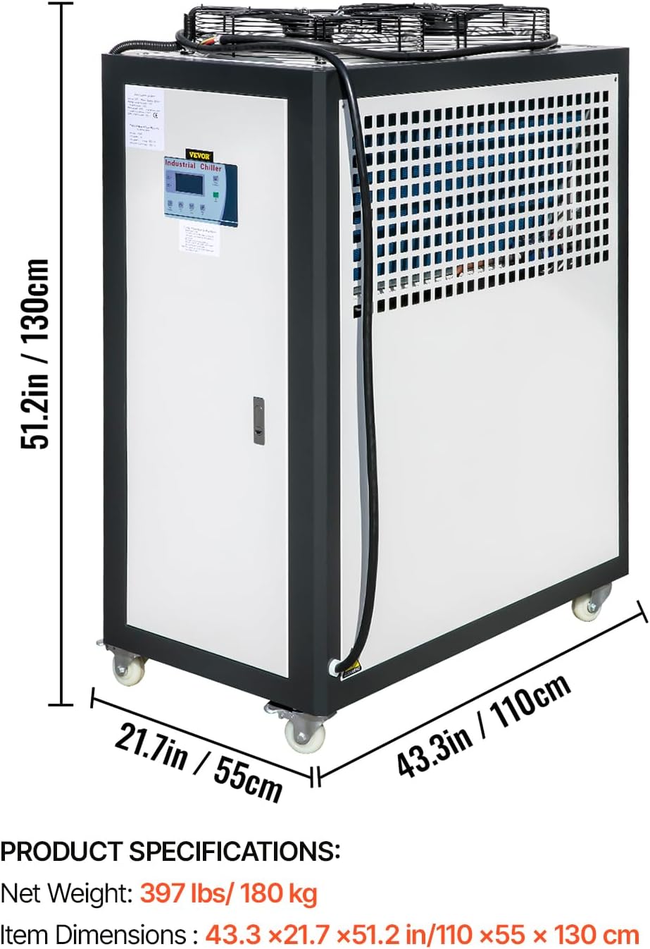 VEVOR Air Cooled Water Chiller, 5 Ton Portable, 5HP/3.75KW Compressor Motor, 53L Capacity Stainless Steel Water Tank, Finned Condenser with Micro-Computer Control, Industrial Chiller for Cooling Water
