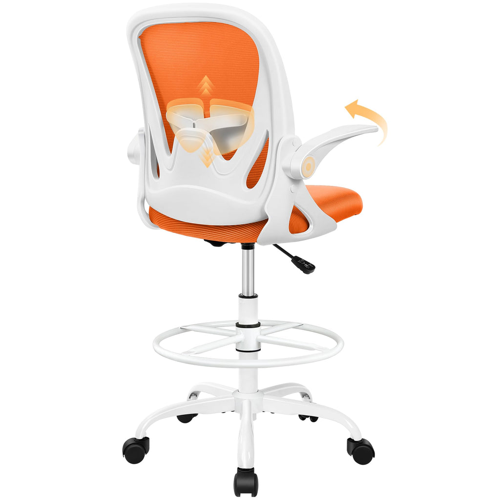 Drafting Chair Tall Office Chair with Flip-up Armrests, Adjustable Height, and Enhanced Lumbar Support - Ergonomic Rolling Stool, Back Support, and Adjustable Foot Rest Ring for Standing Desk White