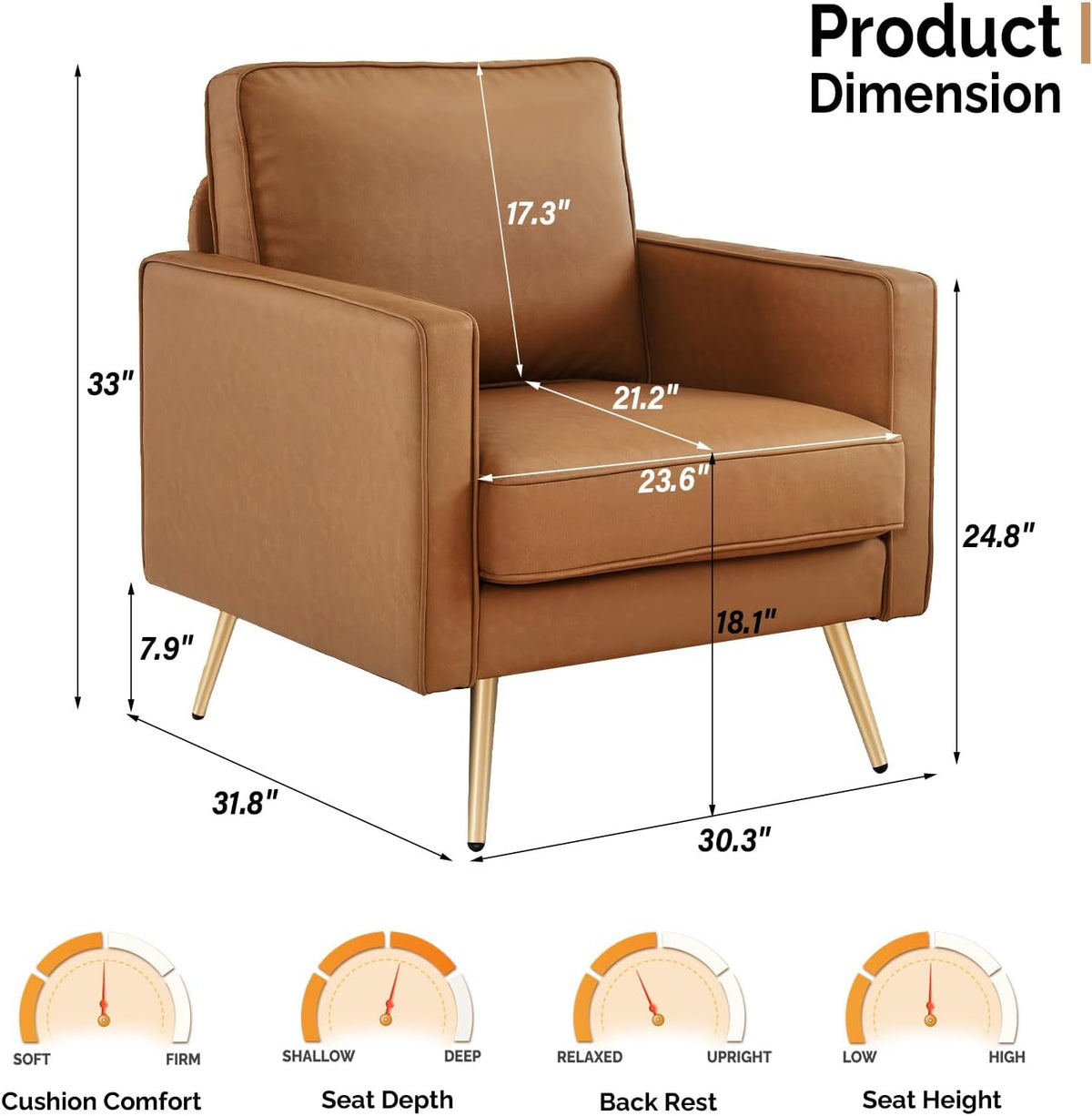 VINGLI Faux Leather Accent Chairs Set of 2 with Gold Legs for Living Room