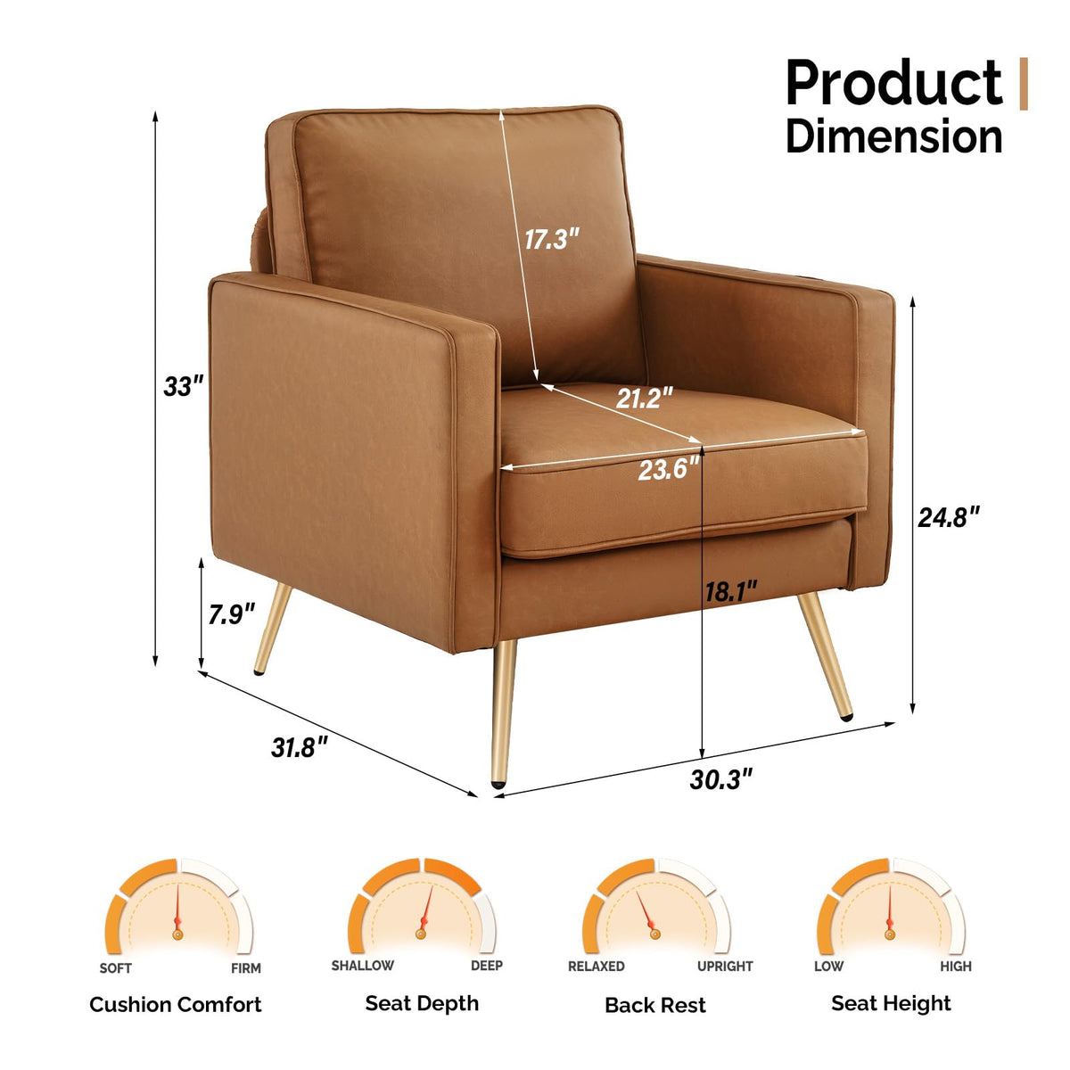 VINGLI Faux Leather Accent Chairs Set of 2 with Gold Legs for Living Room