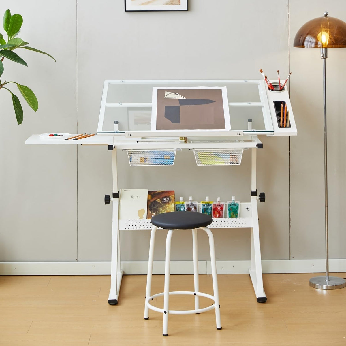 Drafting Table w/Stool, Height Adjustable Multifunctional Drawing Table