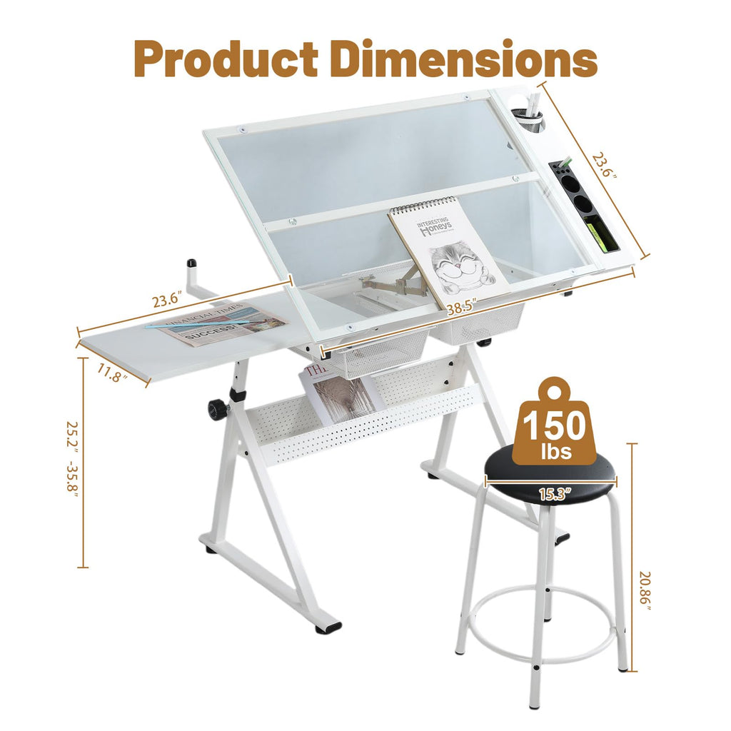 Drafting Table and Stool Set for Adults/Artists, Drawing Table with Adjustable Tabletop and Height, Art Workstation for Painters Crafting Reading Writing Home Office, All White
